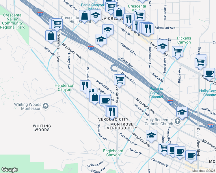 map of restaurants, bars, coffee shops, grocery stores, and more near 2850 Montrose Avenue in Glendale