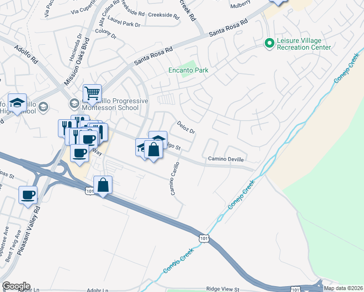 map of restaurants, bars, coffee shops, grocery stores, and more near 5361 Hidalgo Street in Camarillo
