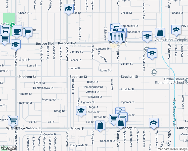 map of restaurants, bars, coffee shops, grocery stores, and more near 8037 Tunney Avenue in Los Angeles