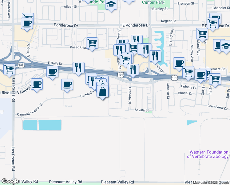 map of restaurants, bars, coffee shops, grocery stores, and more near 1150 Ventura Boulevard in Camarillo