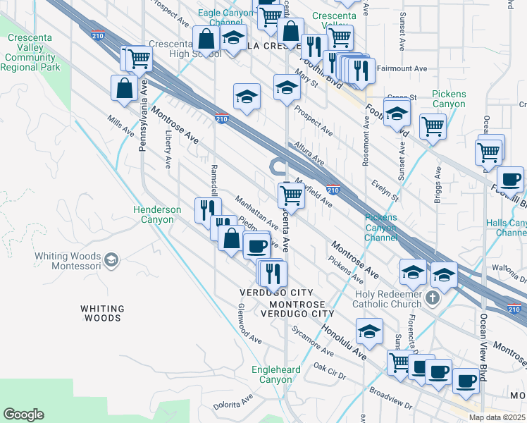 map of restaurants, bars, coffee shops, grocery stores, and more near 2850 Montrose Avenue in Glendale