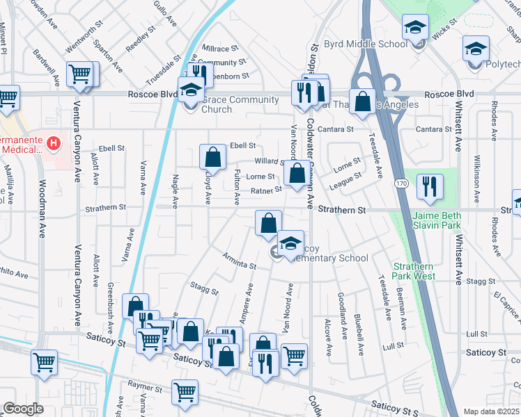map of restaurants, bars, coffee shops, grocery stores, and more near 13028 Ratner Street in Los Angeles