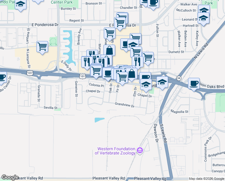 map of restaurants, bars, coffee shops, grocery stores, and more near 2050 Ventura Boulevard in Camarillo
