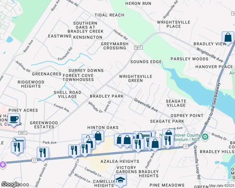 map of restaurants, bars, coffee shops, grocery stores, and more near 6013 Larson Place in Wilmington
