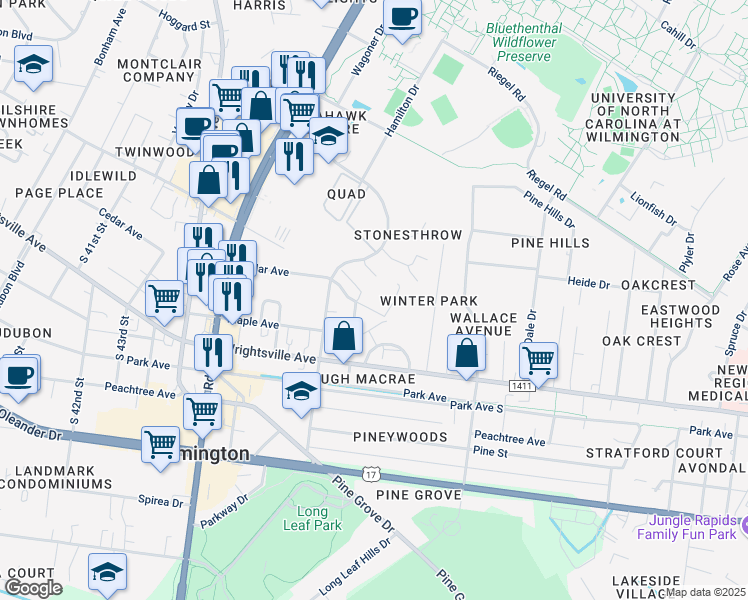 map of restaurants, bars, coffee shops, grocery stores, and more near 4905 Tarheel Court in Wilmington