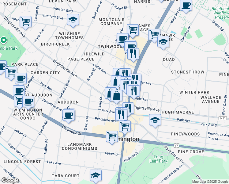map of restaurants, bars, coffee shops, grocery stores, and more near 1024 South Kerr Avenue in Wilmington