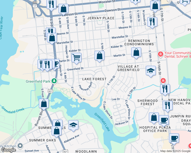 map of restaurants, bars, coffee shops, grocery stores, and more near 227 Pinecrest Parkway in Wilmington