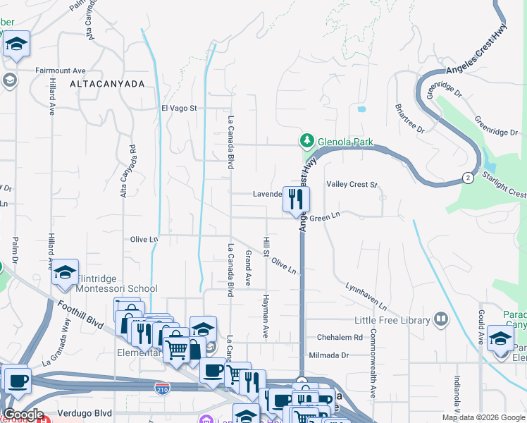 map of restaurants, bars, coffee shops, grocery stores, and more near 1116 Lavender Lane in La Cañada Flintridge