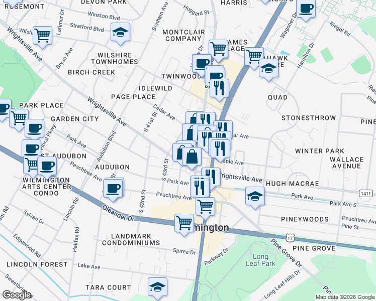 map of restaurants, bars, coffee shops, grocery stores, and more near 1024 South Kerr Avenue in Wilmington