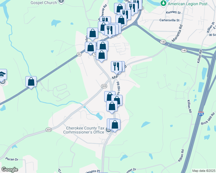 map of restaurants, bars, coffee shops, grocery stores, and more near 2037 Marietta Highway in Canton