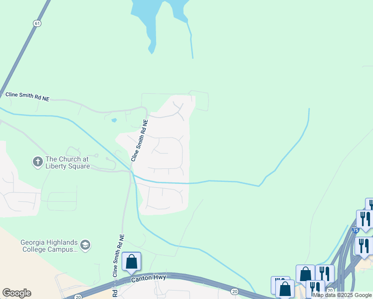 map of restaurants, bars, coffee shops, grocery stores, and more near 31 Churchill Downs Northeast in Cartersville