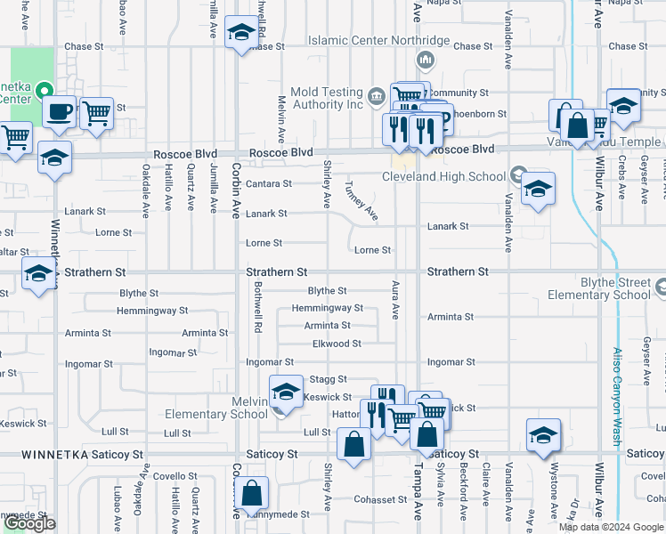 map of restaurants, bars, coffee shops, grocery stores, and more near 19453 Strathern Street in Los Angeles