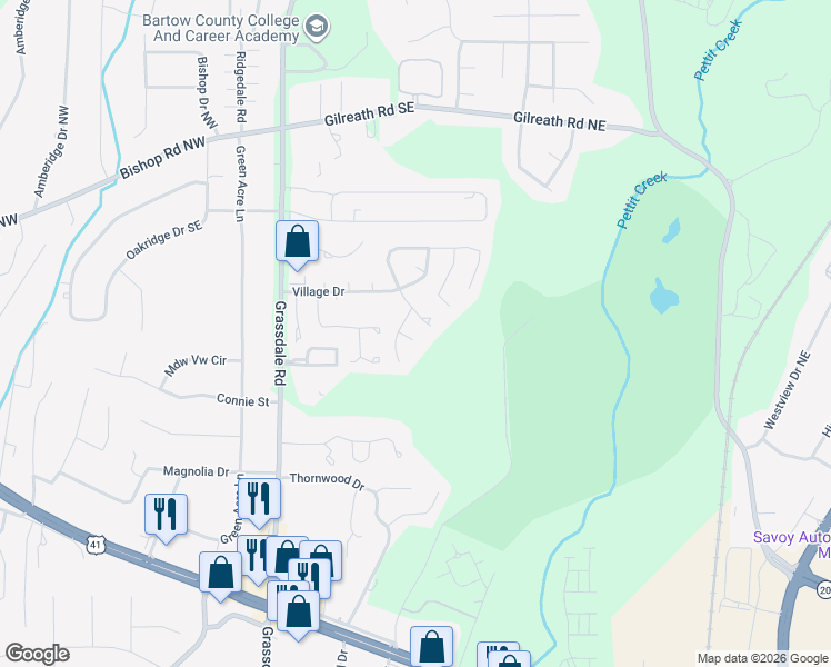 map of restaurants, bars, coffee shops, grocery stores, and more near 19 Haley Place in Cartersville