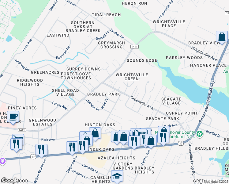 map of restaurants, bars, coffee shops, grocery stores, and more near 6013 Larson Place in Wilmington