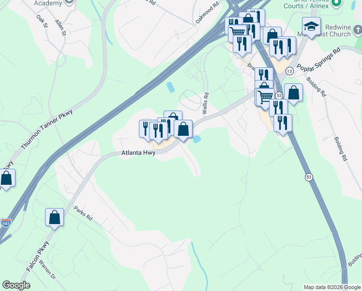map of restaurants, bars, coffee shops, grocery stores, and more near 3589 Cresthill Drive in Flowery Branch