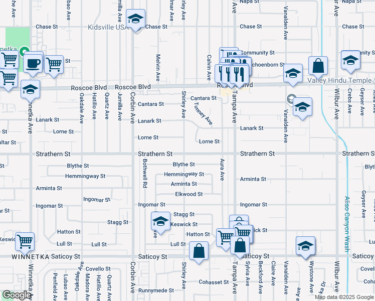 map of restaurants, bars, coffee shops, grocery stores, and more near 19453 Strathern Street in Los Angeles