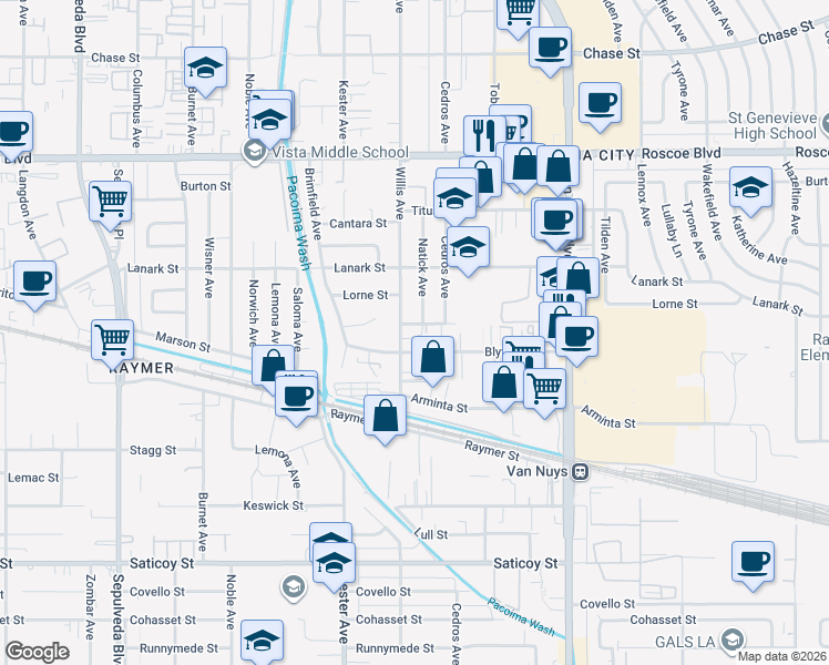 map of restaurants, bars, coffee shops, grocery stores, and more near 8010 Willis Avenue in Los Angeles