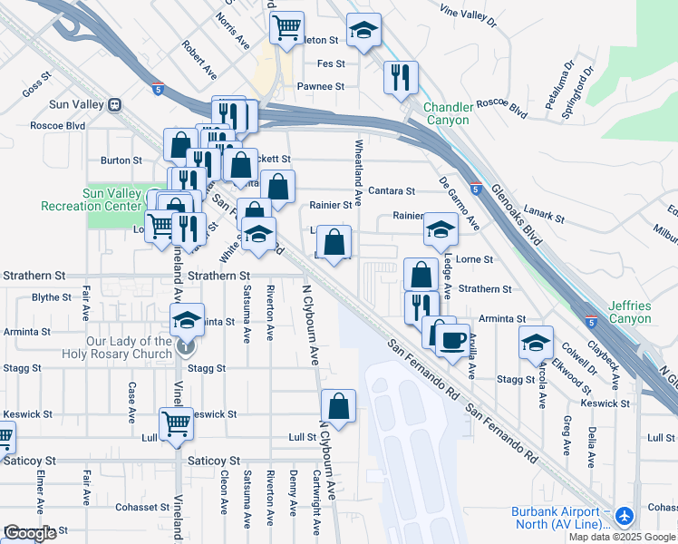 map of restaurants, bars, coffee shops, grocery stores, and more near 8001 Wheatland Avenue in Los Angeles
