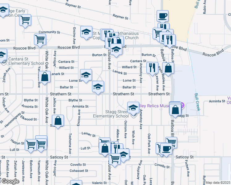 map of restaurants, bars, coffee shops, grocery stores, and more near 8003 Aldea Avenue in Los Angeles