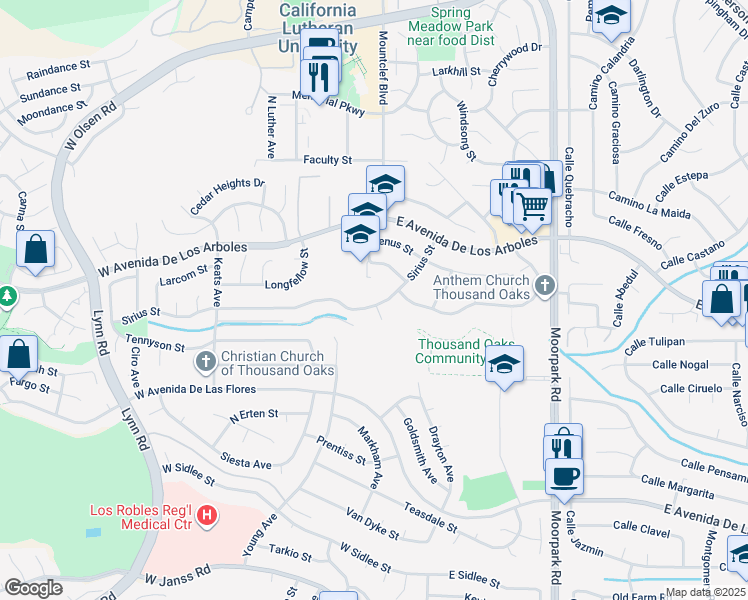 map of restaurants, bars, coffee shops, grocery stores, and more near 2651 Sirius Street in Thousand Oaks