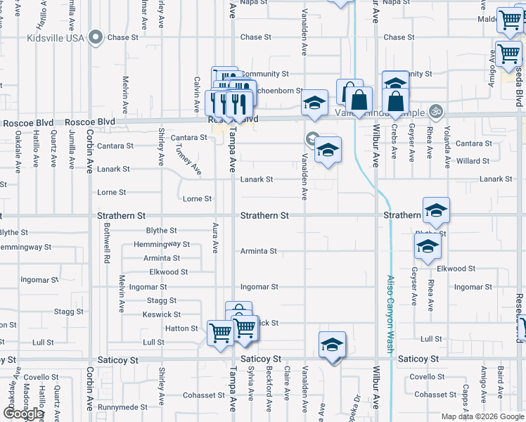 map of restaurants, bars, coffee shops, grocery stores, and more near 19211 Strathern Street in Los Angeles