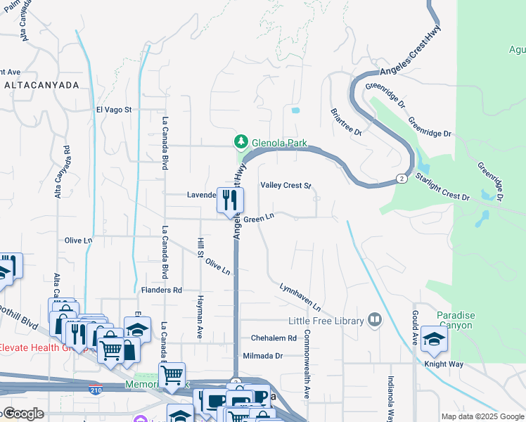 map of restaurants, bars, coffee shops, grocery stores, and more near 915 Green Lane in La Cañada Flintridge