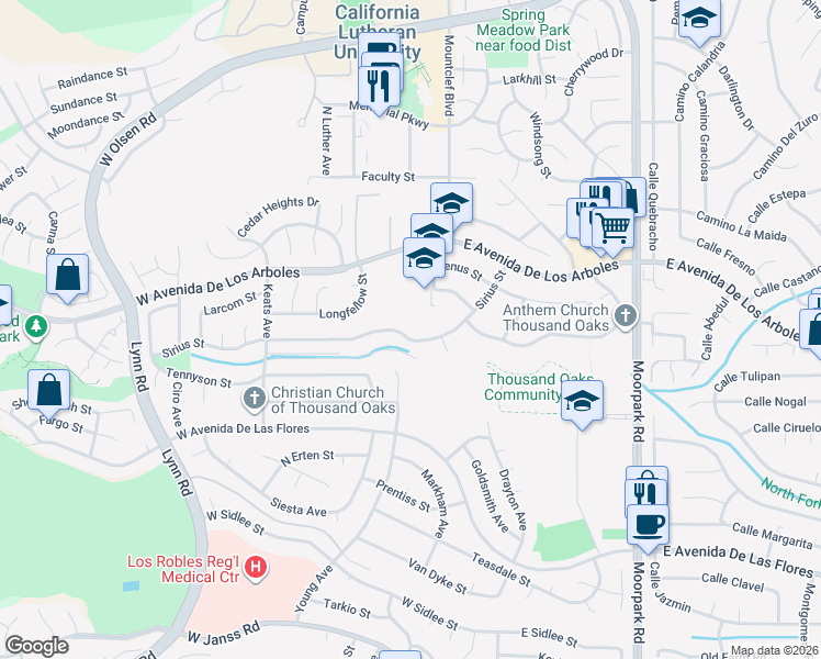 map of restaurants, bars, coffee shops, grocery stores, and more near 2591 Sirius Street in Thousand Oaks
