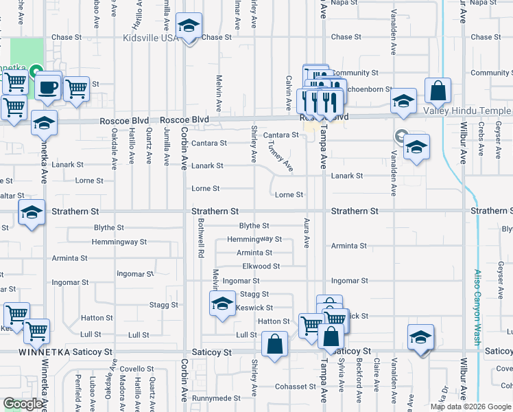 map of restaurants, bars, coffee shops, grocery stores, and more near 8002 Shirley Avenue in Los Angeles
