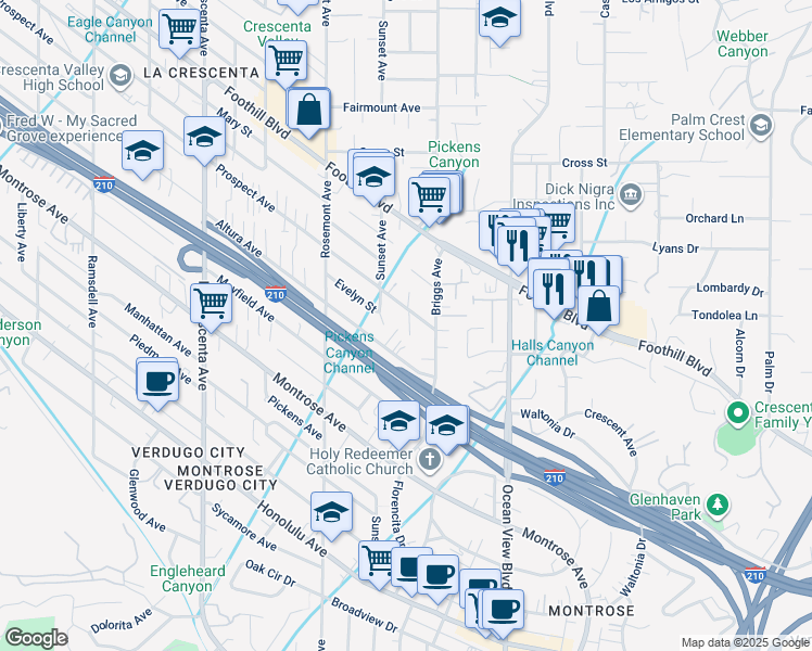 map of restaurants, bars, coffee shops, grocery stores, and more near 2434 Prospect Avenue in La Crescenta-Montrose