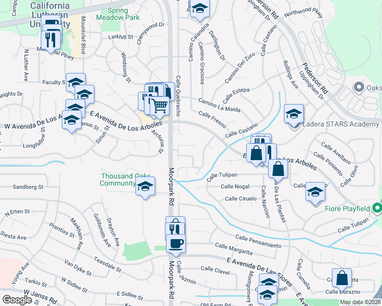 map of restaurants, bars, coffee shops, grocery stores, and more near 2797 Calle Bienvenido in Thousand Oaks