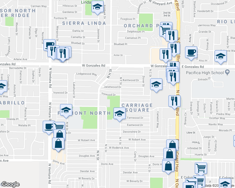 map of restaurants, bars, coffee shops, grocery stores, and more near 722 Janetwood Drive in Oxnard