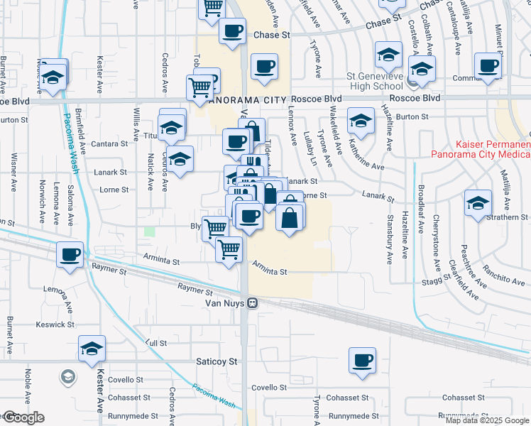 map of restaurants, bars, coffee shops, grocery stores, and more near 7882-2 Van Nuys Boulevard in Los Angeles