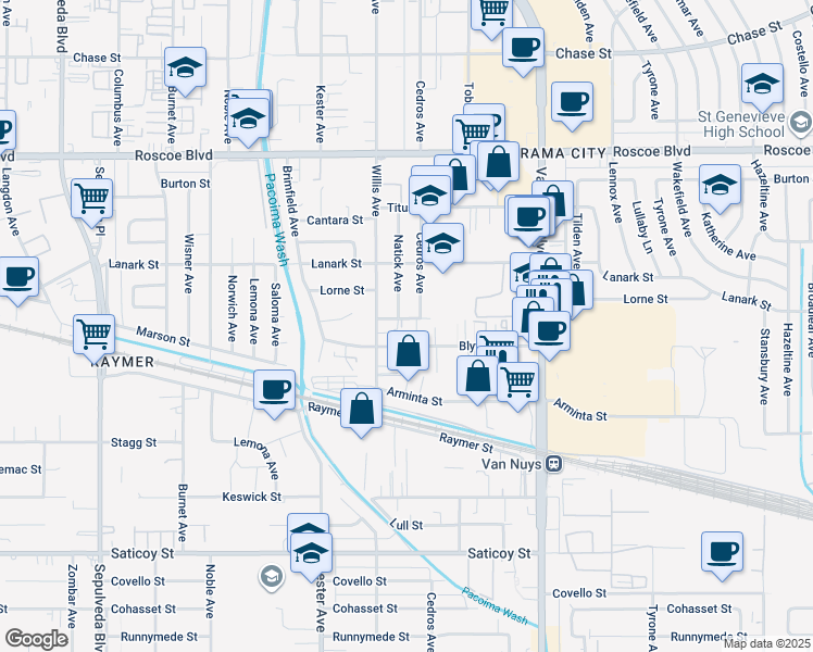 map of restaurants, bars, coffee shops, grocery stores, and more near 8006 Cedros Avenue in Los Angeles