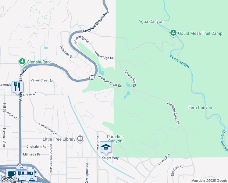 map of restaurants, bars, coffee shops, grocery stores, and more near 722 Starlight Heights Drive in La Cañada Flintridge