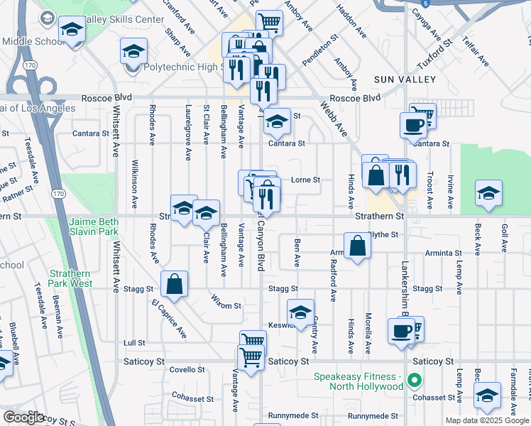 map of restaurants, bars, coffee shops, grocery stores, and more near 12061 Strathern Street in Los Angeles