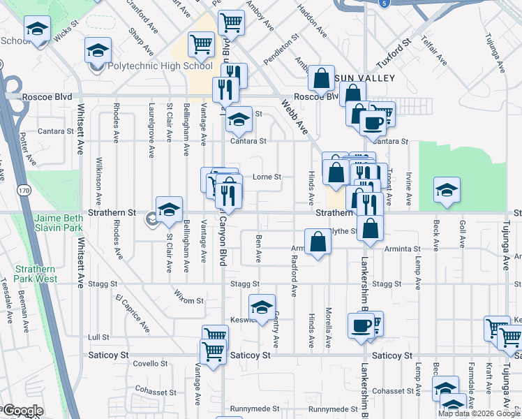 map of restaurants, bars, coffee shops, grocery stores, and more near 11936 Ratner Street in Los Angeles