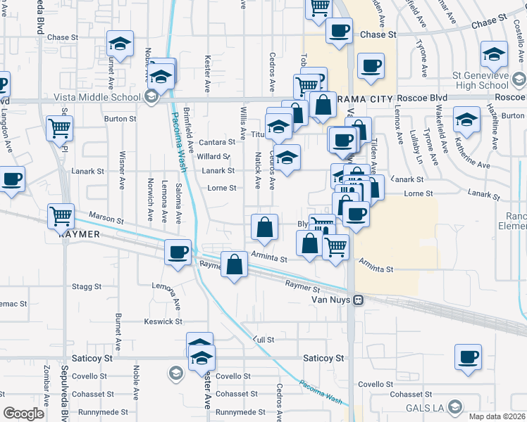 map of restaurants, bars, coffee shops, grocery stores, and more near 8006 Cedros Avenue in Los Angeles