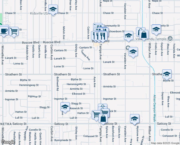 map of restaurants, bars, coffee shops, grocery stores, and more near 19351 Strathern Street in Los Angeles