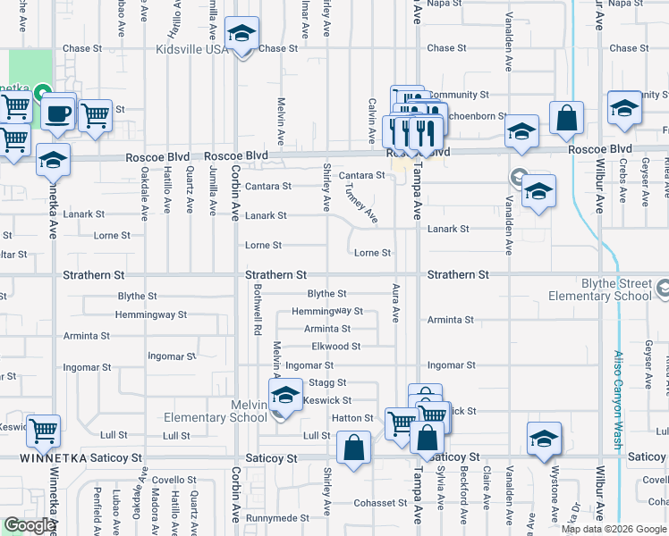 map of restaurants, bars, coffee shops, grocery stores, and more near 8037 Tunney Avenue in Los Angeles