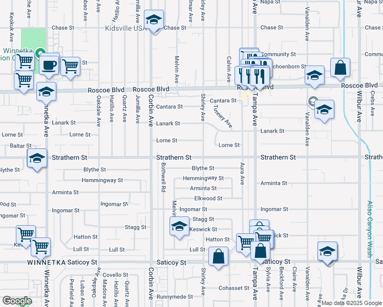 map of restaurants, bars, coffee shops, grocery stores, and more near 19512 Lorne Street in Los Angeles
