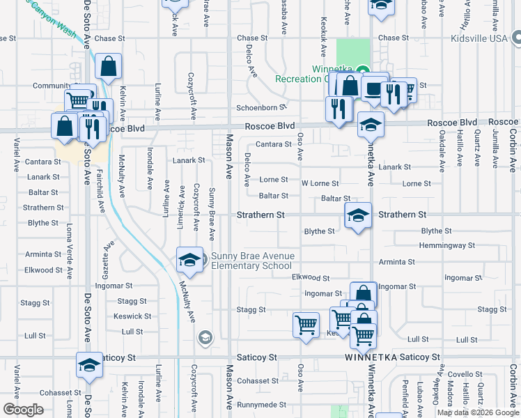 map of restaurants, bars, coffee shops, grocery stores, and more near 20408 Baltar Street in Los Angeles