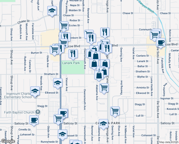 map of restaurants, bars, coffee shops, grocery stores, and more near 8033 Remmet Avenue in Los Angeles