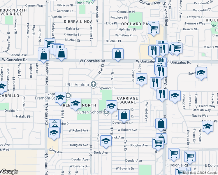 map of restaurants, bars, coffee shops, grocery stores, and more near 722 Janetwood Drive in Oxnard