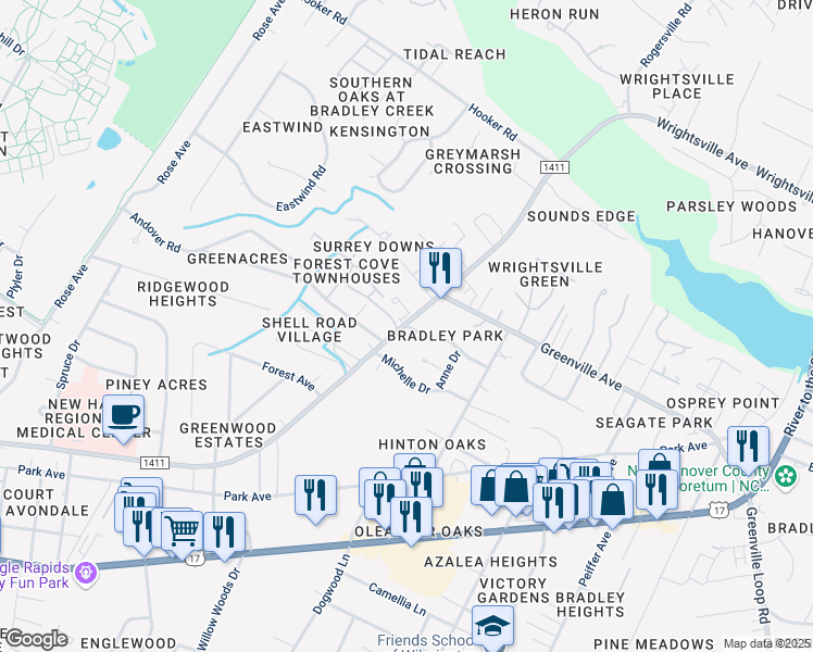 map of restaurants, bars, coffee shops, grocery stores, and more near 5630 Surrey Downs Ct in Wilmington