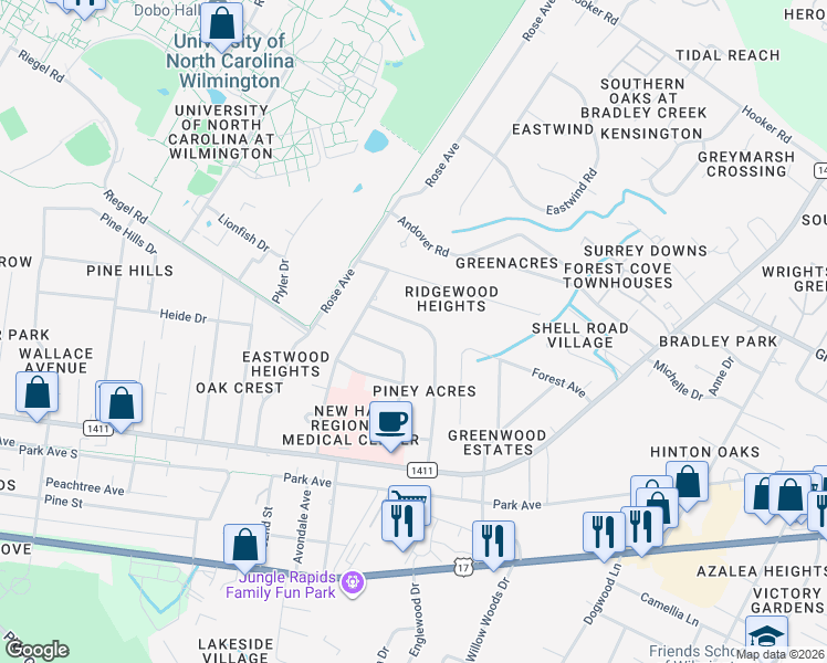 map of restaurants, bars, coffee shops, grocery stores, and more near 234 Huntington Road in Wilmington