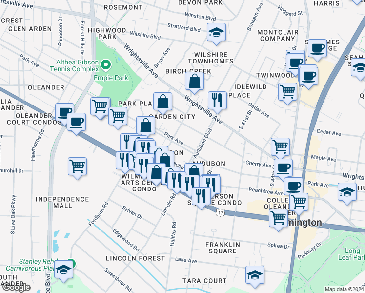 map of restaurants, bars, coffee shops, grocery stores, and more near 3914 Cherry Avenue in Wilmington