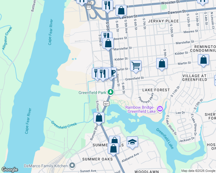map of restaurants, bars, coffee shops, grocery stores, and more near 210 River Rock Way in Wilmington