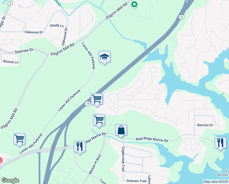 map of restaurants, bars, coffee shops, grocery stores, and more near 1338 Elderwood Way in Cumming