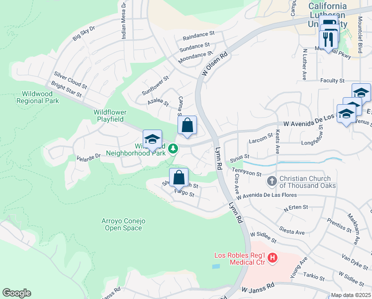 map of restaurants, bars, coffee shops, grocery stores, and more near 563 Rio Grande Circle in Thousand Oaks