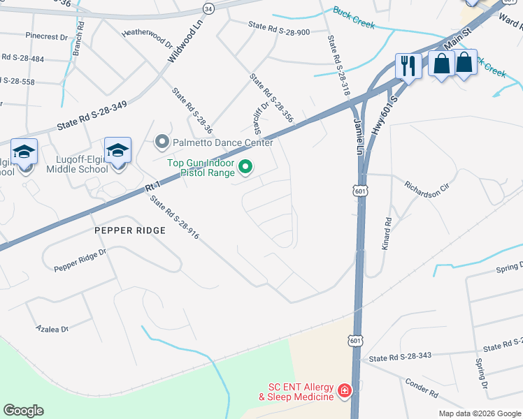 map of restaurants, bars, coffee shops, grocery stores, and more near 1300 Elk Lodge Court in Lugoff